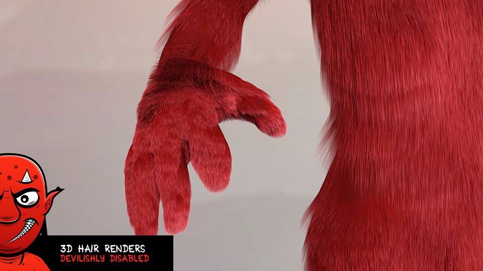 The devil’s furry red arm and hand rendered with a hair particle system, the character’s 2D face in the corner