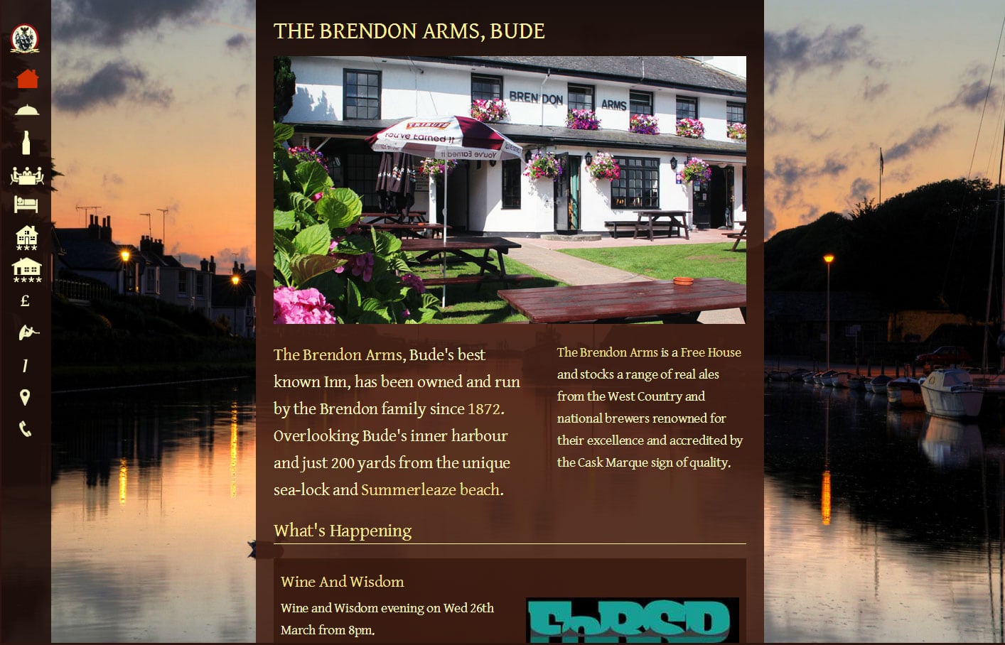 The first Brendon Arms website: the inn and its garden in a dark panel over a harbour sunset, with an icon menu down the side