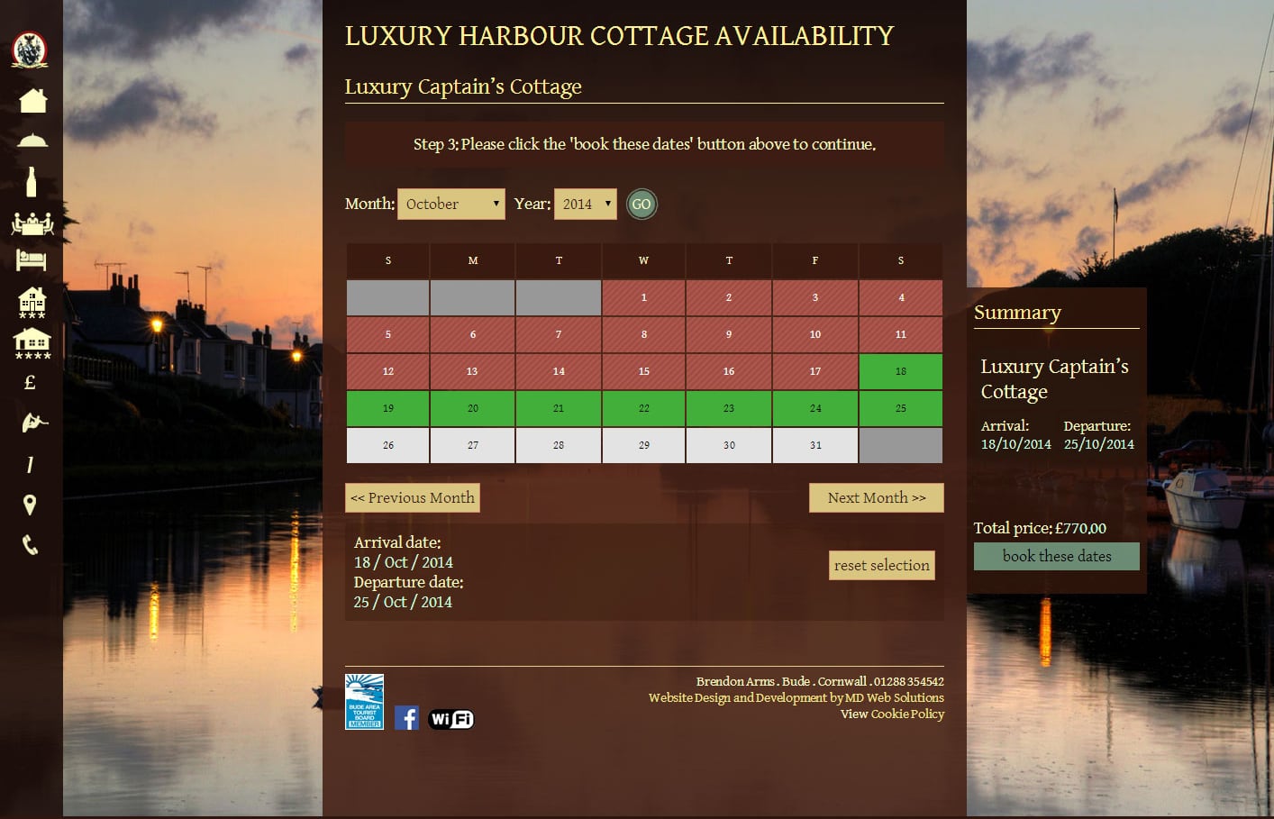 The first Brendon Arms website: the luxury harbour cottage availability calendar