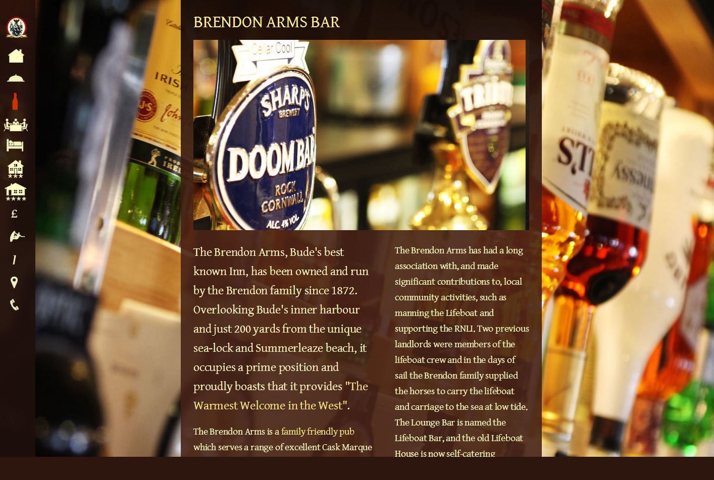 The first Brendon Arms website: the bar page over a backdrop of pumps and bottles