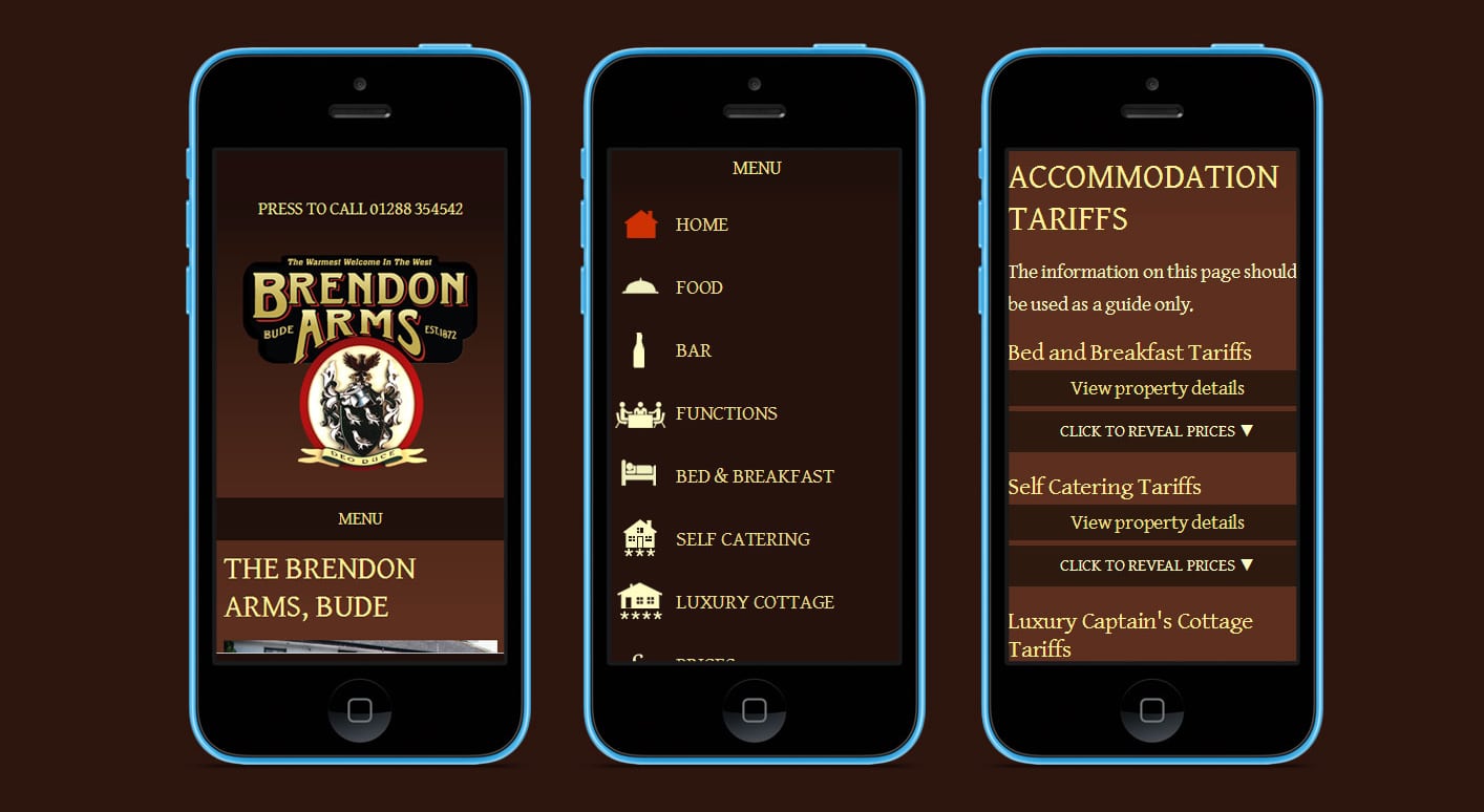 The first Brendon Arms website on three phones: home, menu and accommodation tariffs