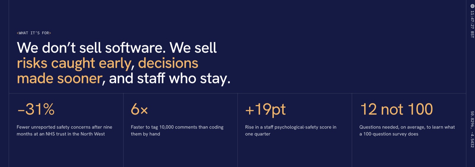 Akumen website: We don't sell software, we sell risks caught early, decisions made sooner and staff who stay, over four outcome figures