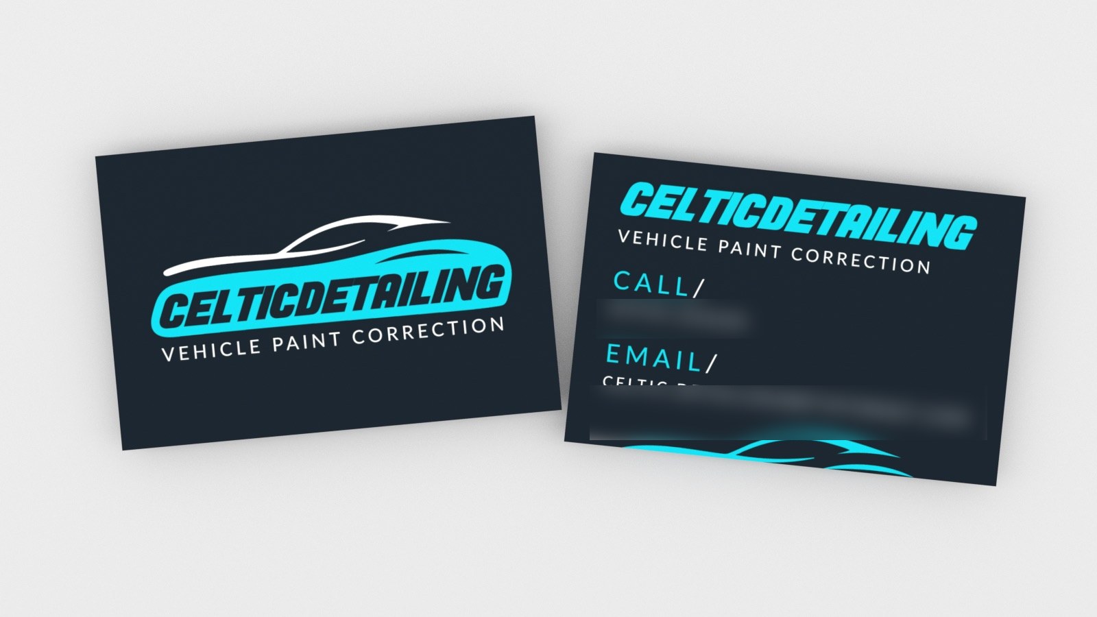 Celtic Detailing business cards, front and back: a car outline swept in cyan over navy (contact details blurred)