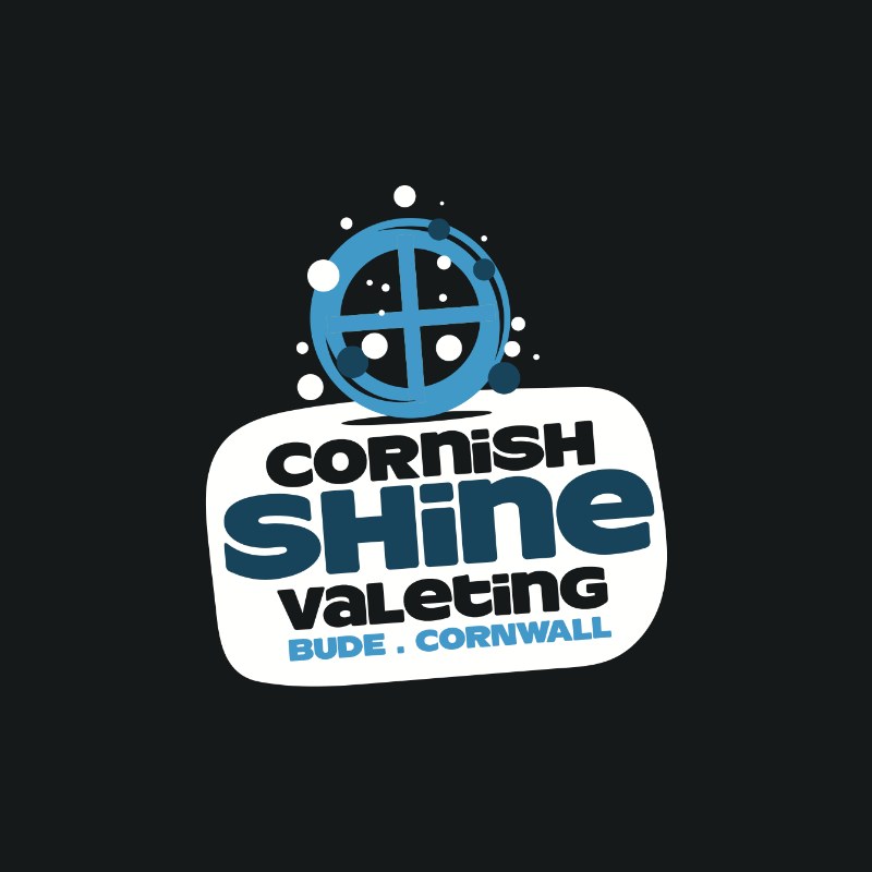 Cornish Shine Valeting logo: a bubbling car wheel above chunky blue and white lettering, Bude, Cornwall