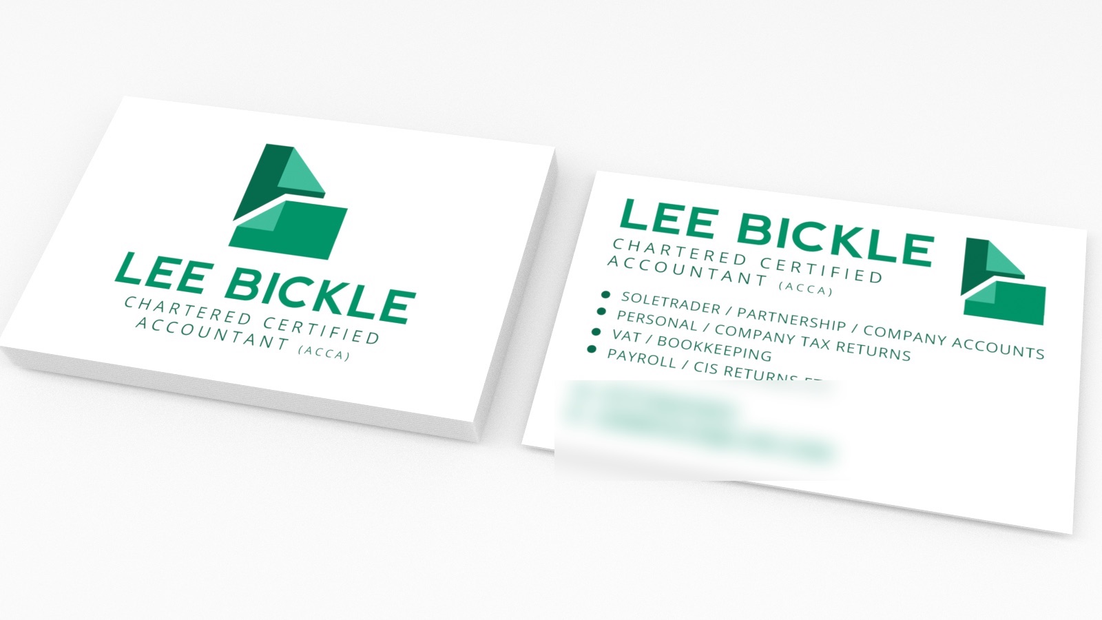 Lee Bickle chartered certified accountant business cards: a green folded-paper mark on white (contact details blurred)