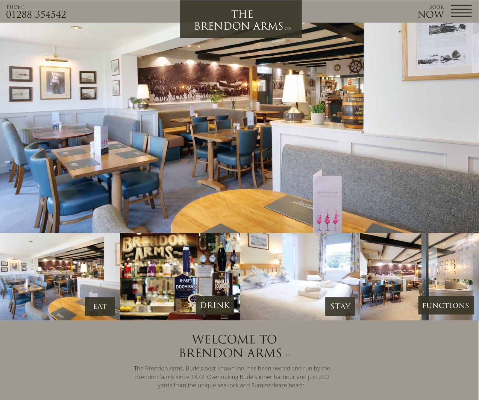 The 2019 Brendon Arms website design: a bright dining room hero, eat, drink, stay and functions tiles, and Welcome to Brendon Arms