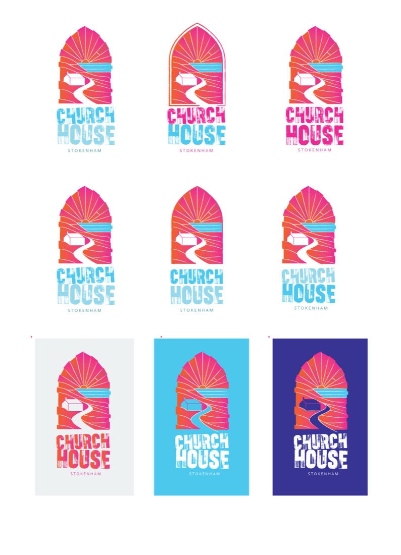 Church House logo system: an arched window of sun rays over the sea, a white house and a winding lane, above distressed Church House lettering, in pink, sky and navy versions