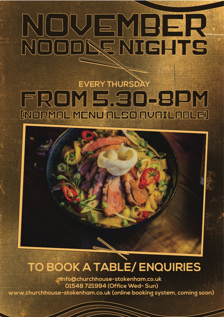 November Noodle Nights poster: a noodle bowl framed on a burnished gold ground