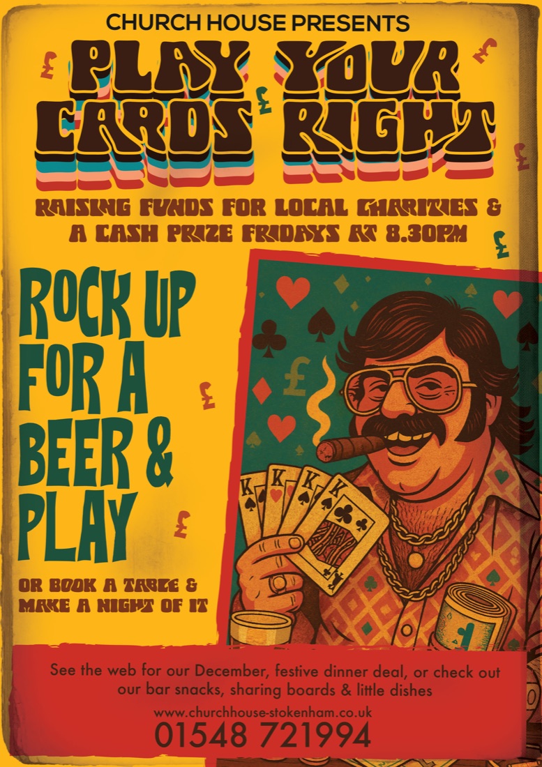 Play Your Cards Right charity night poster: a retro illustrated card player in seventies lettering