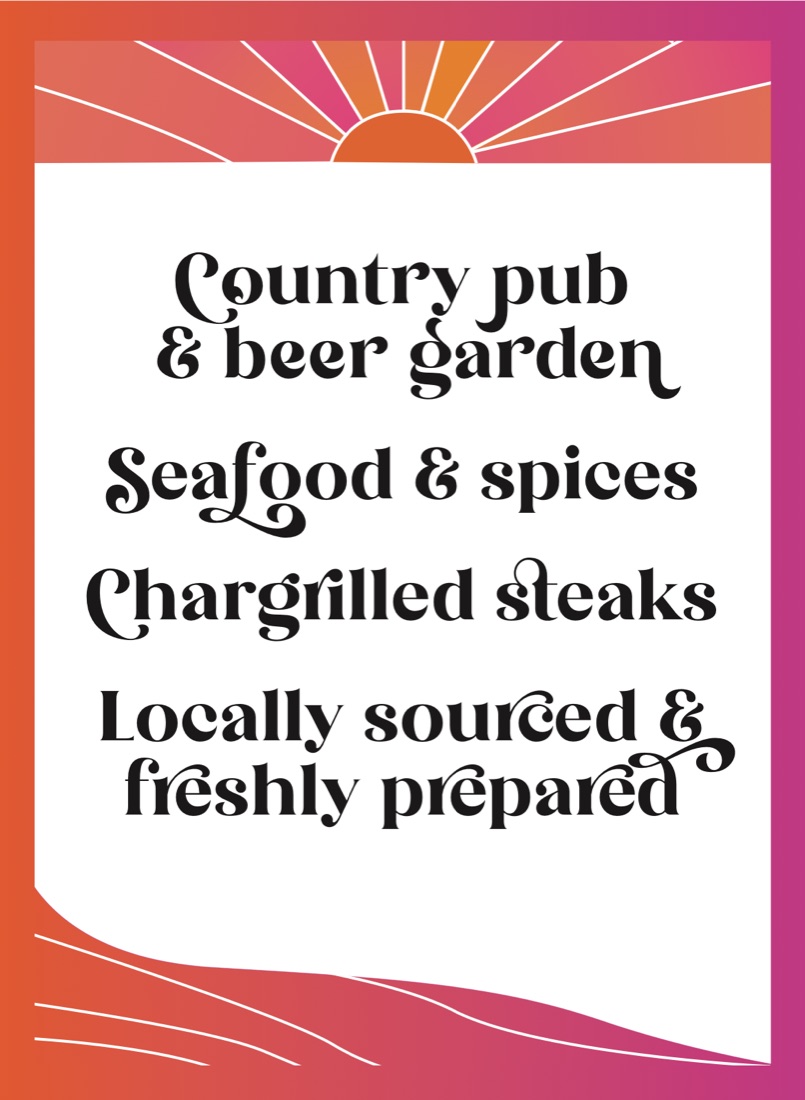 Church House sign: country pub and beer garden, seafood and spices, chargrilled steaks under a sunrise