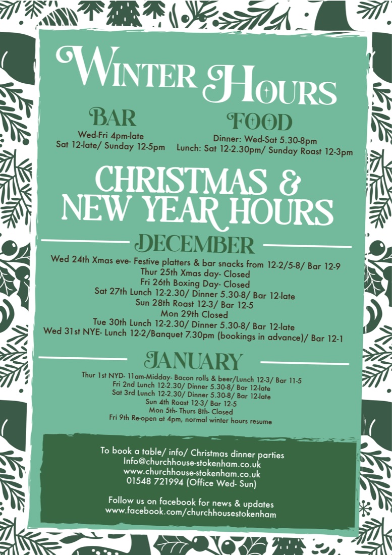 Winter, Christmas and New Year hours poster framed in green holly leaves