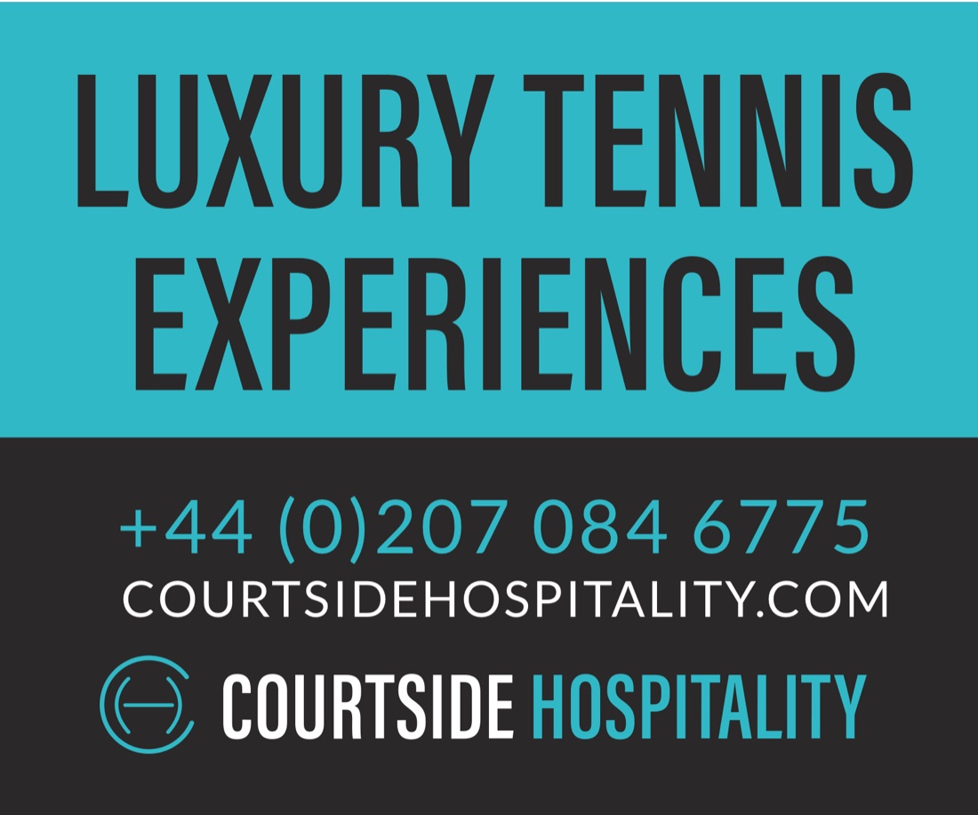 Courtside Hospitality banner: Luxury Tennis Experiences in a teal band above the phone, web address and logo