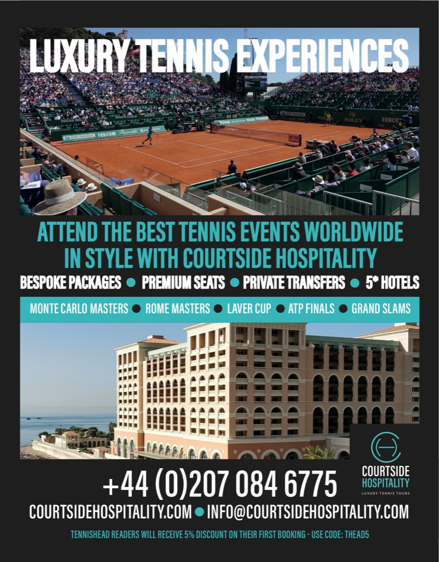 Courtside Hospitality advert for TennisHead: Luxury Tennis Experiences over the Monte Carlo clay court and a seafront hotel, listing bespoke packages, premium seats, private transfers and 5-star hotels