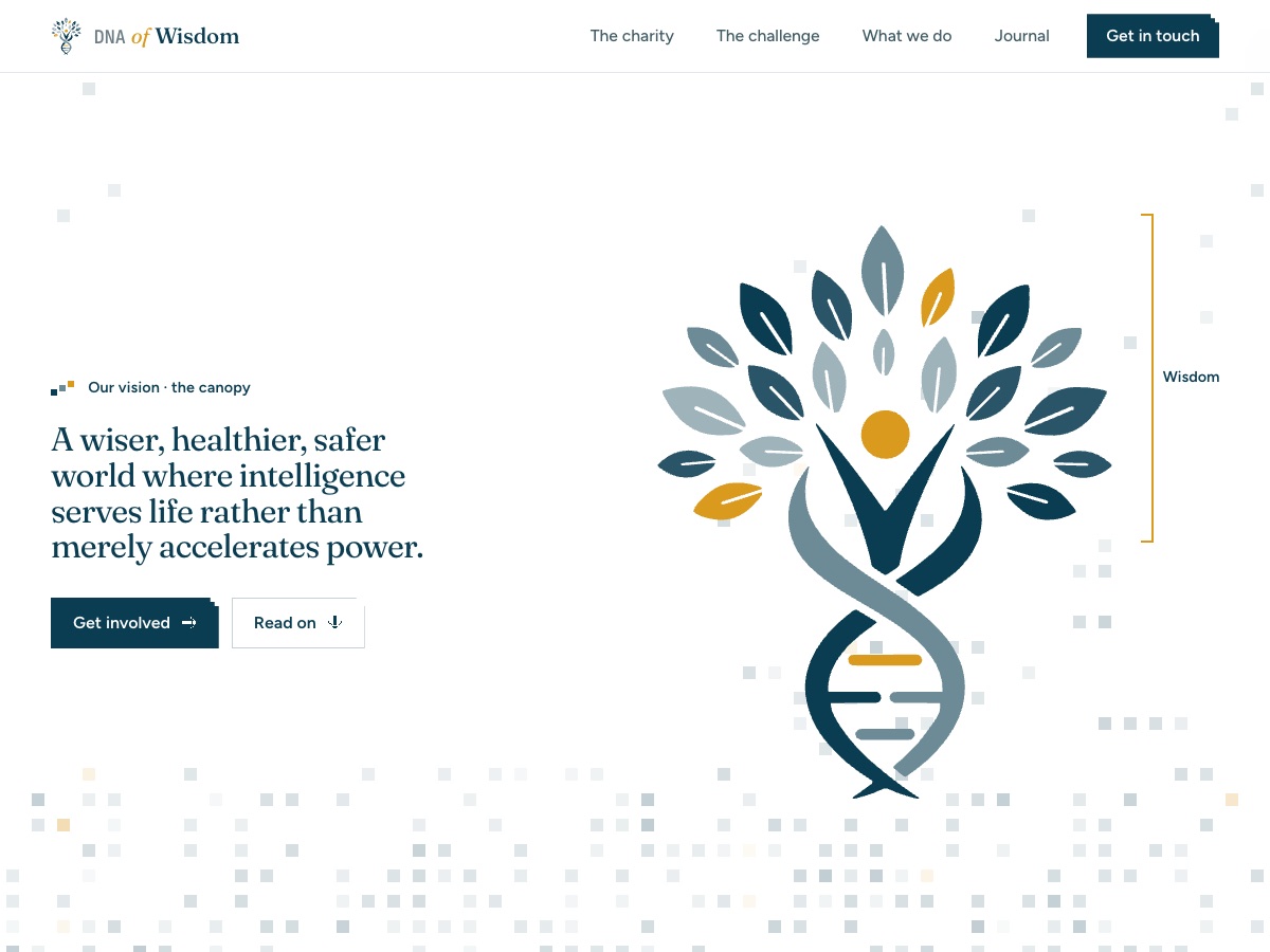 DNA of Wisdom homepage: tree-and-helix symbol beside the charity's vision statement