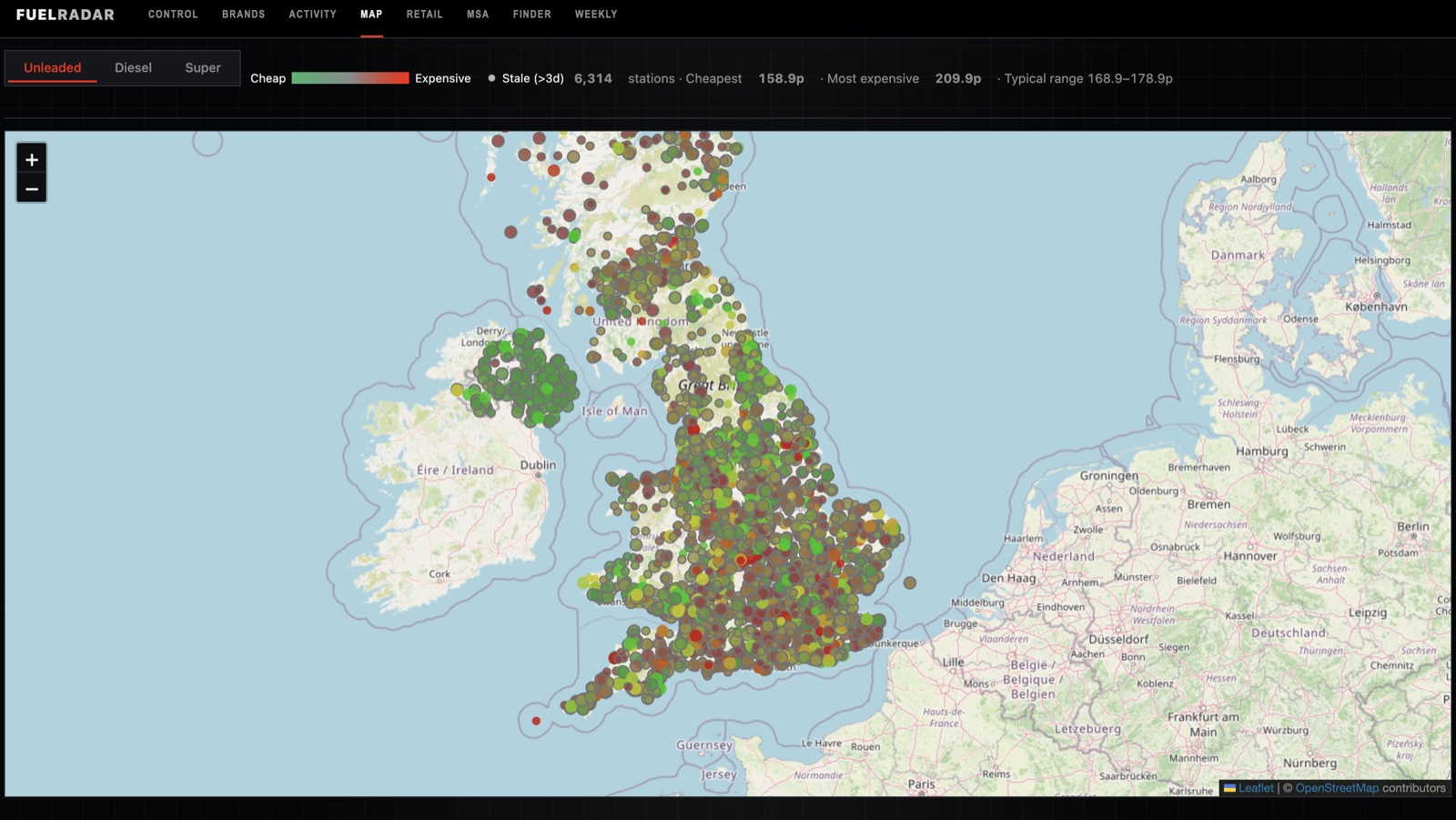 FuelRadar map: over six thousand UK stations plotted and coloured from cheap to expensive, with the cheapest, dearest and typical range above