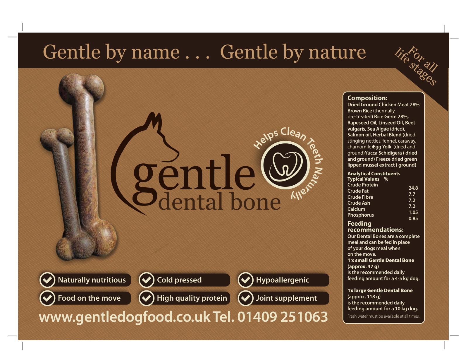 Gentle dental bone flyer: a chew bone beside the logo on brown, with ticks for naturally nutritious, cold pressed and hypoallergenic