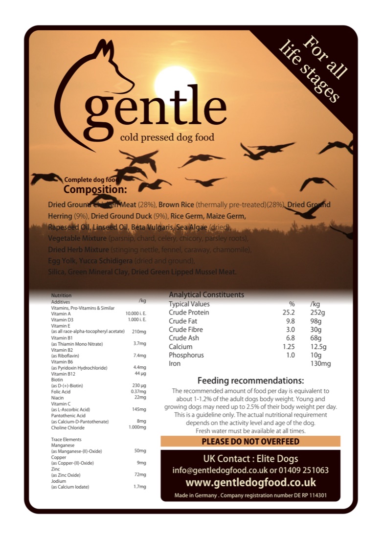 Gentle cold-pressed dog food leaflet: the fox-head logo and geese flying over a sunset, above the composition and feeding tables