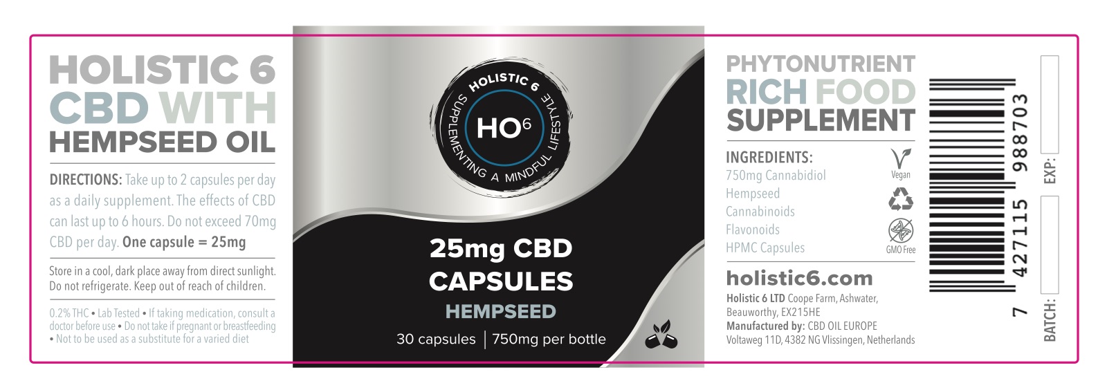 The flat wrap-around label for Holistic6 25mg CBD capsules with hempseed oil: directions, ingredients and barcode either side of the logo