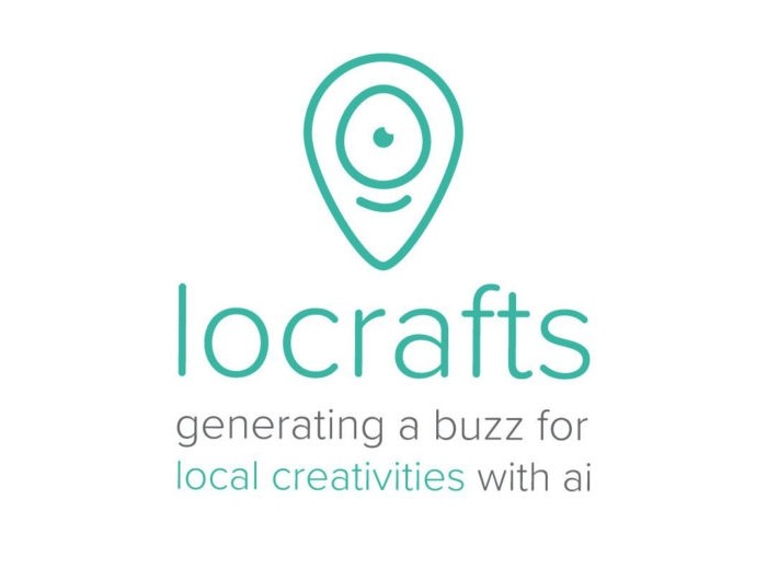 The Locrafts logo: a teal map pin with a face, over the name and its line, generating a buzz for local creativities with ai