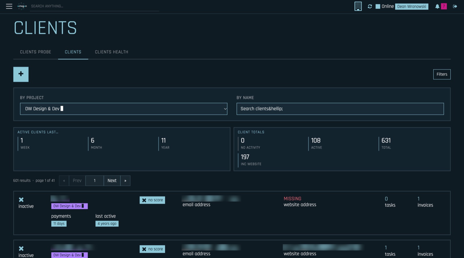 Octagon clients list with activity and totals panels, filters and per-client tasks and invoices (names and contacts blurred)