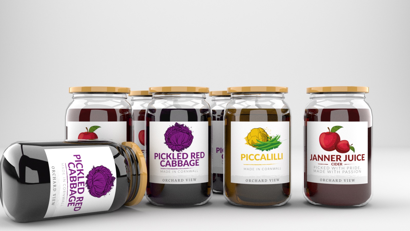 Render of the Orchard View range: jars of pickled red cabbage, piccalilli and Janner Juice in a row, with one jar lying in front