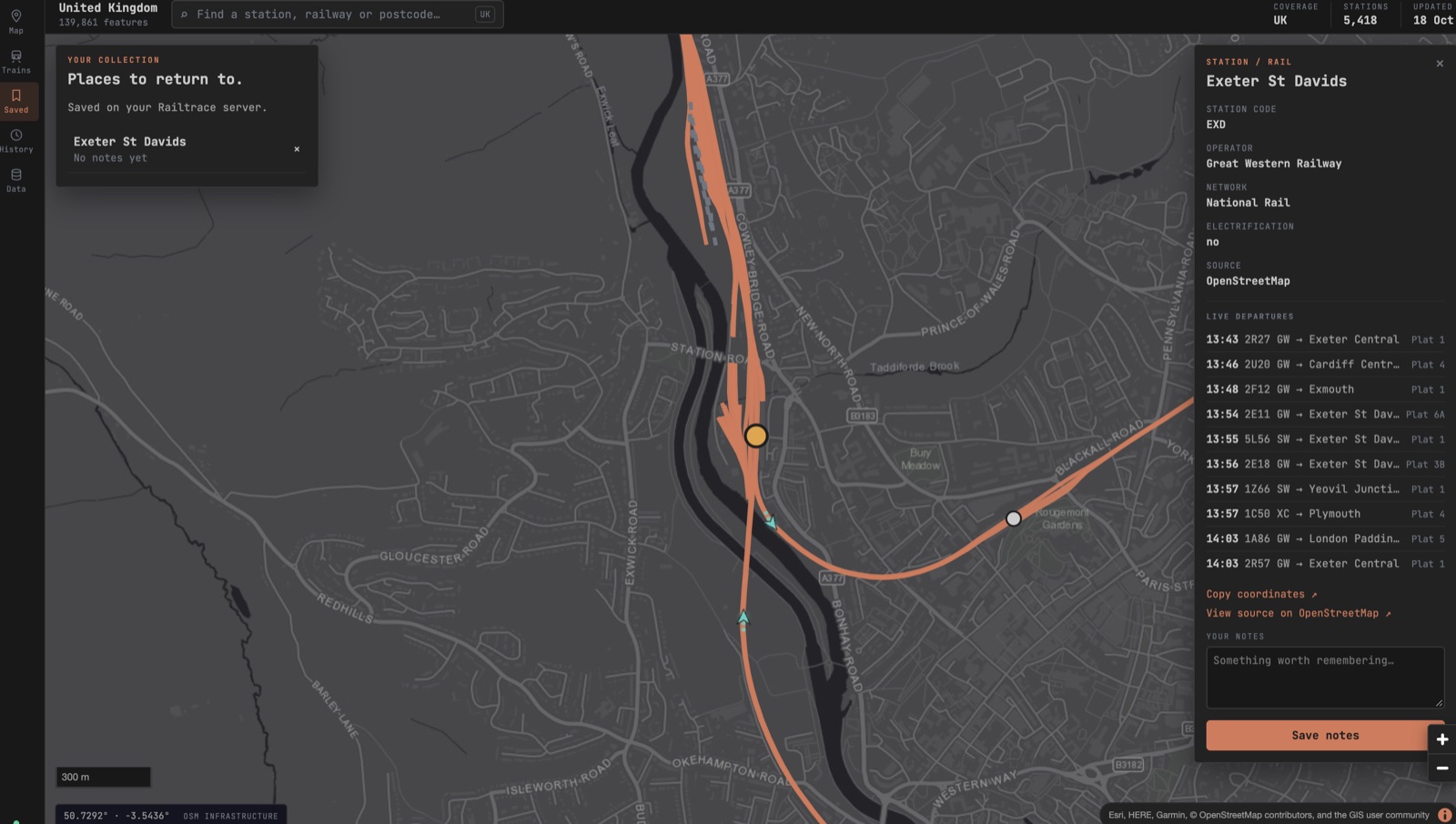 Railtrace zoomed in on Exeter St Davids: the tracks through the station, its details from OpenStreetMap and its next live departures
